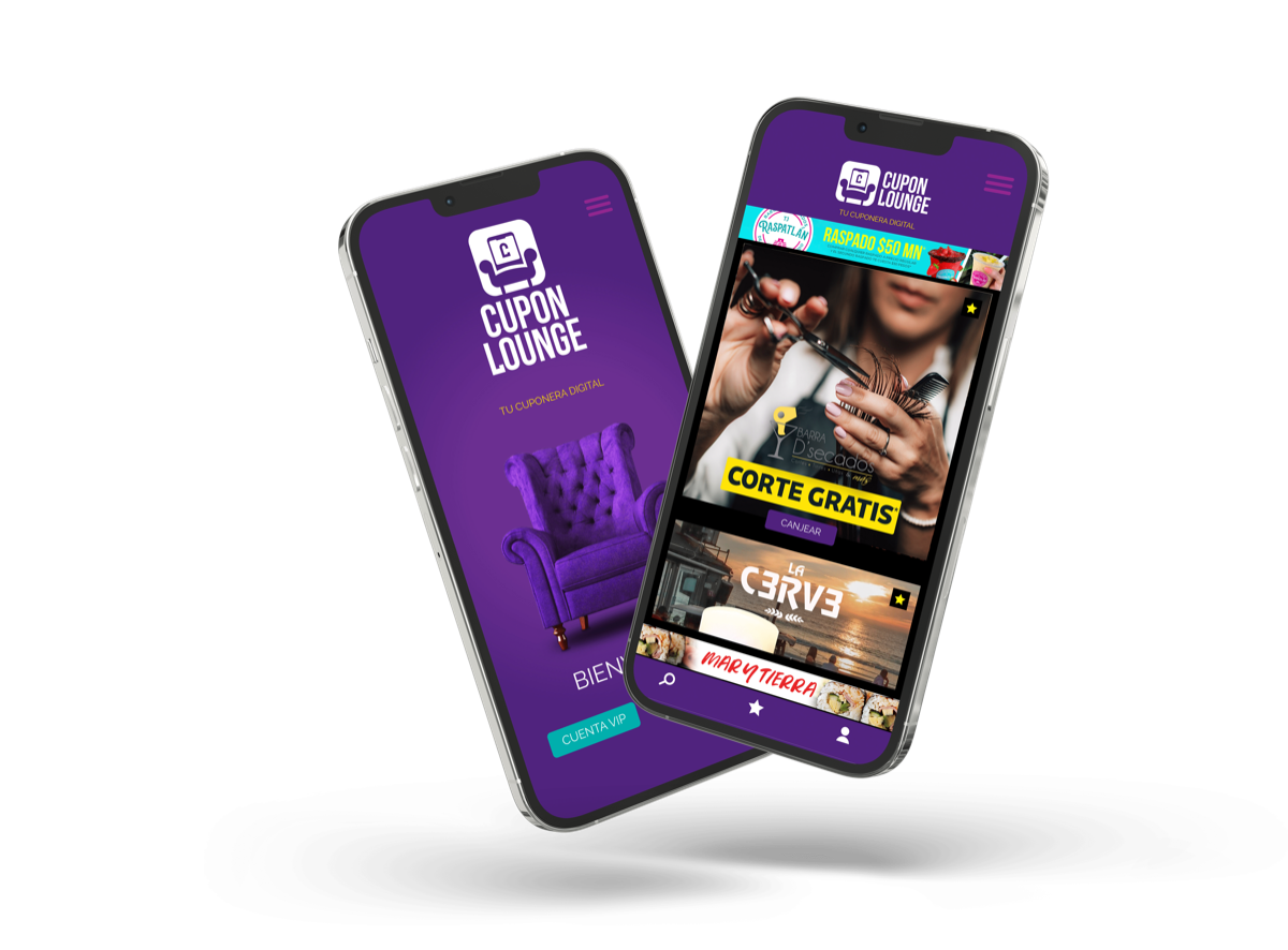 La aplicación Cupon Lounge mostrada en dos teléfonos